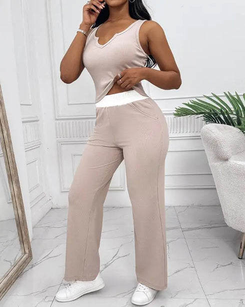 2 Piece Loungewear Set U-Neck Sleeveless Ribbed Tank Top and Stretchy High Waist Straight Leg Pocket Design Pants Tracksuit Apricot