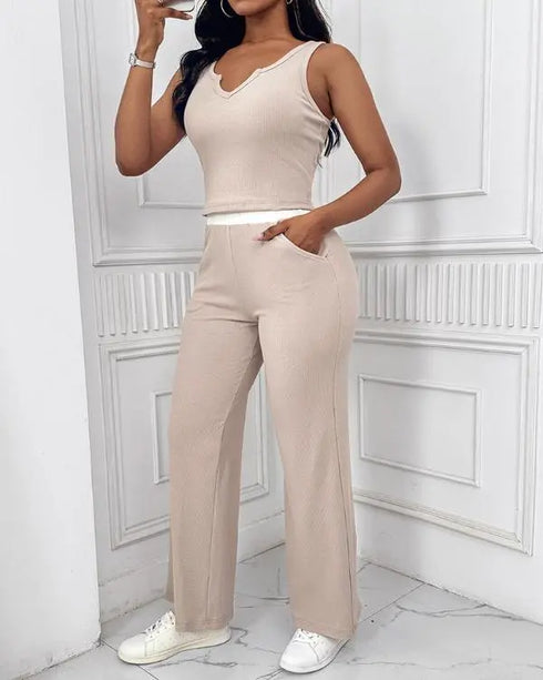 2 Piece Loungewear Set U-Neck Sleeveless Ribbed Tank Top and Stretchy High Waist Straight Leg Pocket Design Pants Tracksuit Apricot