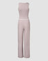 2 Piece Loungewear Set U-Neck Sleeveless Ribbed Tank Top and Stretchy High Waist Straight Leg Pocket Design Pants Tracksuit Apricot