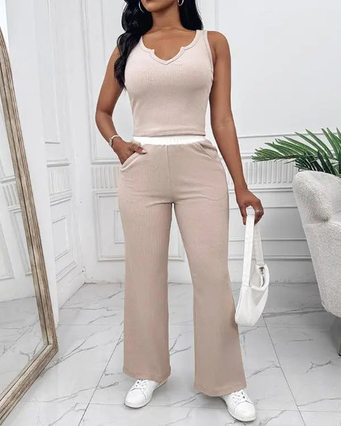 2 Piece Outfits Notch Neck Sleeveless Top Stretchy Waist Straight Leg Pants Lounge Sets Tracksuit Apricot