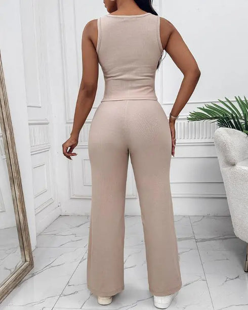 2 Piece Outfits Notch Neck Sleeveless Top Stretchy Waist Straight Leg Pants Lounge Sets Tracksuit Apricot