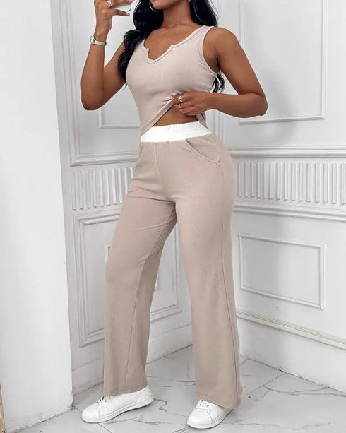 2 Piece Loungewear Set U-Neck Sleeveless Ribbed Tank Top and Stretchy High Waist Straight Leg Pocket Design Pants Tracksuit Apricot