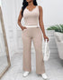 2 Piece Outfits Notch Neck Sleeveless Top Stretchy Waist Straight Leg Pants Lounge Sets Tracksuit Apricot