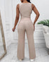 2 Piece Loungewear Set U-Neck Sleeveless Ribbed Tank Top and Stretchy High Waist Straight Leg Pocket Design Pants Tracksuit Apricot