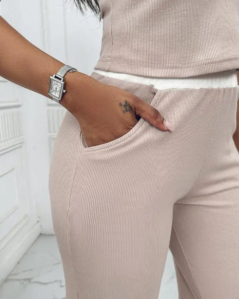 2 Piece Outfits Notch Neck Sleeveless Top Stretchy Waist Straight Leg Pants Lounge Sets Tracksuit Apricot