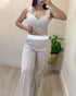 2 Piece Outfits Notch Neck Sleeveless Top Stretchy Waist Straight Leg Pants Lounge Sets Tracksuit Apricot
