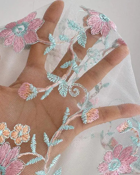 Floral Embroidery Contrast Lace Babydoll white