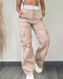Contrast Side Striped Zipper Fly Stretchy High Waist Pants Flap Pockets Design Double Waistband Cargo Pants khaki
