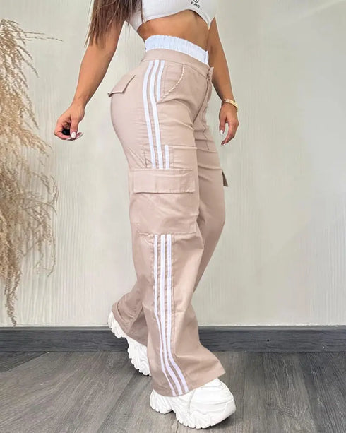 Contrast Side Striped Zipper Fly Stretchy High Waist Pants Flap Pockets Design Double Waistband Cargo Pants khaki