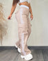Contrast Side Striped Zipper Fly Stretchy High Waist Pants Flap Pockets Design Double Waistband Cargo Pants khaki