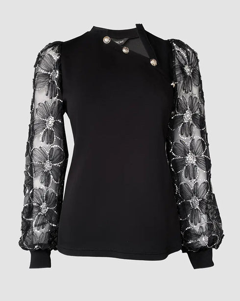 Lace Floral Open Front Long Sleeve Casual Button T-shirt black