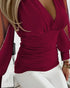 Deep V-Neck Rhinestone Decor Mesh Patchwork Lantern Sleeves Blouse Ruched Slim Fit Top Wine red