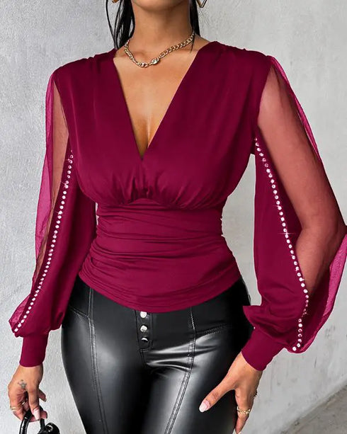 Deep V-Neck Lantern Sleeve Ruched Blouse Casual Slim Fit Top Wine red