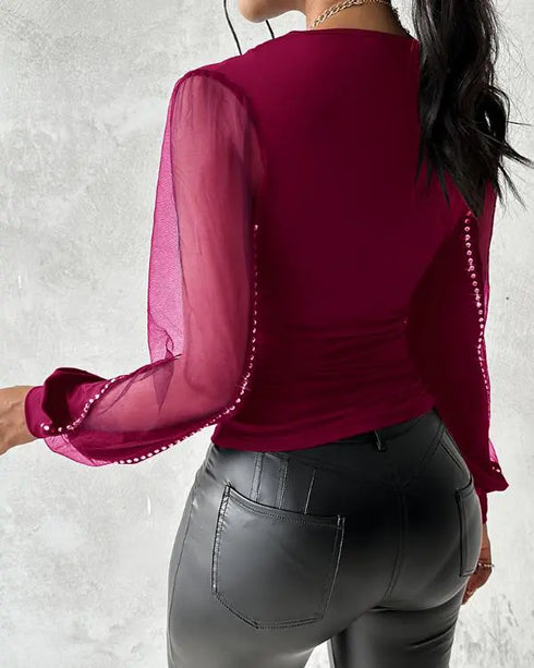 Deep V-Neck Rhinestone Decor Mesh Patchwork Lantern Sleeves Blouse Ruched Slim Fit Top Wine red