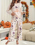 2 Pieces Outfit Cherry Print Round Neck Drop Shoulder Top and Elastic Waist Pants Set Casual Ribbed Flannel Pajamas Set Apricot