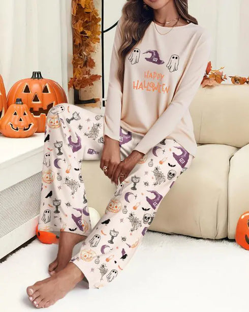 2 Pieces Outfit Letter and Heart Print Long Sleeve Top and Casual Plaid Pnats Sets with Pocket Apricot