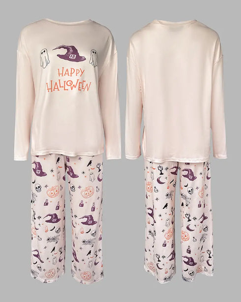 2 Pieces Outfit Letter Print Batwing Sleeve Loose Top and Striped & Polka Dot Print Elastic Waist Pants Set Casual Pajamas Set Apricot