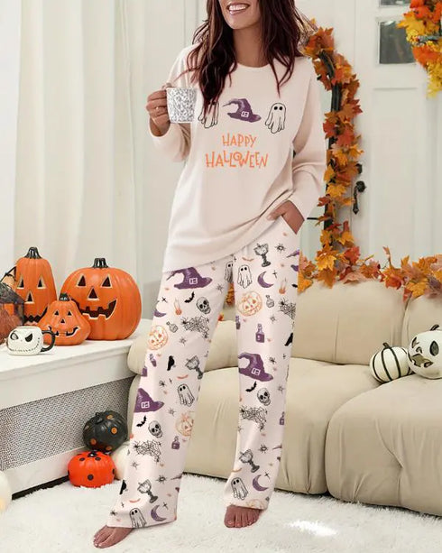 2 Pieces Outfit Plaid Print Pocket Design Long Sleeve Drop Shoulder Top and Plaid Print Elastic Waist Wide Leg Pants Set Casual Pajamas Set Apricot