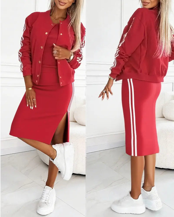 3 Pieces Outfit Sporty Striped Long Sleeve Baseball Coat and Ribbed Knit Tank with Slim Fit Slit Skirt Set red