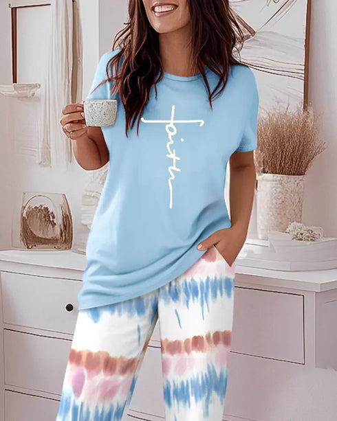 2 Pieces Outfit Letter print Round Neck Short Sleeve Top and Tie Dye Print Elastic Waist Loose Fit Pants Set Casual Pajamas Set blue