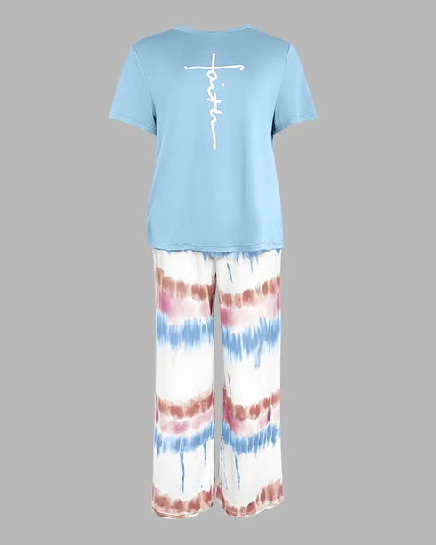 2 Pieces Outfit Anchor Pattern Short Sleeve Top and Striped Elastic Waist Pants Set Casual Pajamas Set blue