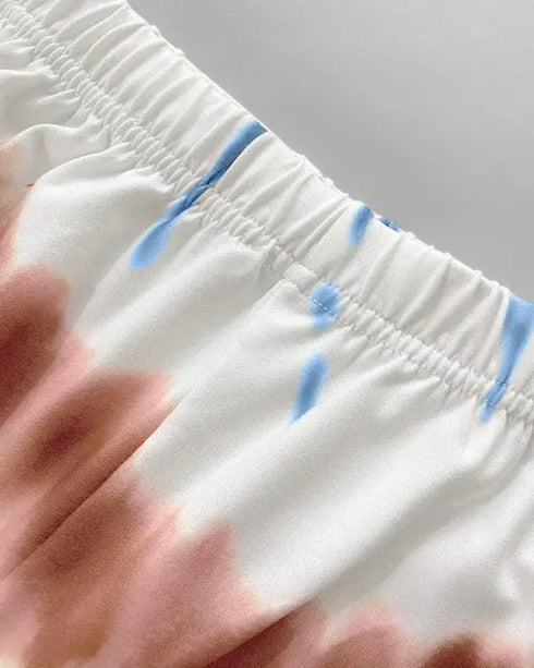 2 Pieces Outfit Letter print Round Neck Short Sleeve Top and Tie Dye Print Elastic Waist Loose Fit Pants Set Casual Pajamas Set blue