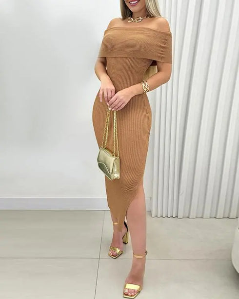 Off Shoulder Slit Knit Bodycon Sweater Dress Cocktail Party Dresses khaki