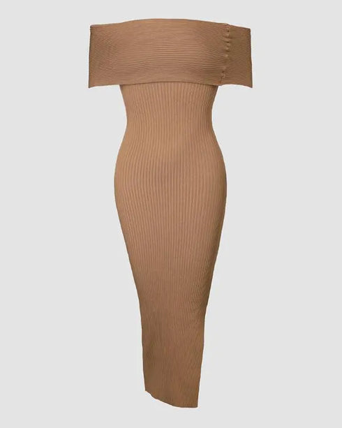 Off Shoulder Slit Knit Bodycon Sweater Dress Cocktail Party Dresses khaki