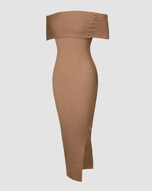 Off Shoulder Slit Knit Bodycon Sweater Dress Cocktail Party Dresses khaki