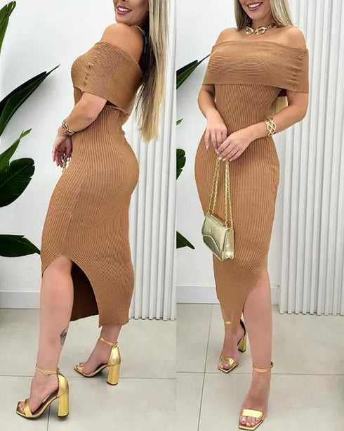 Off Shoulder Slit Knit Bodycon Sweater Dress Cocktail Party Dresses khaki