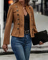 Faux Suede Stand Collar Jacket Open Front Button Decor Casual Coat brown