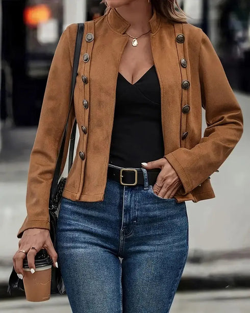 Faux Suede Stand Collar Jacket Open Front Button Decor Casual Coat brown