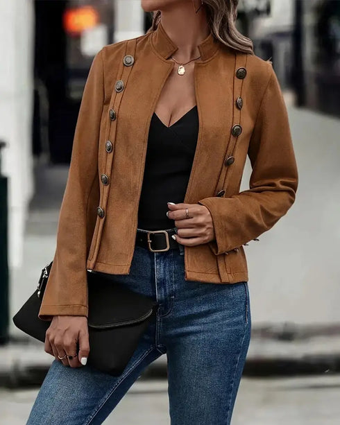 Faux Suede Stand Collar Jacket Open Front Button Decor Casual Coat brown