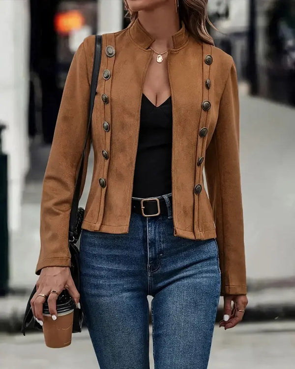 Faux Suede Stand Collar Jacket Open Front Button Decor Casual Coat brown