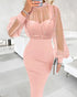 Mock Neck Sheer Mesh Spliced Beaded Bodycon Dress Zipper Back Slit Party Dress pink