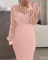 Mock Neck Sheer Mesh Spliced Beaded Bodycon Dress Zipper Back Slit Party Dress pink