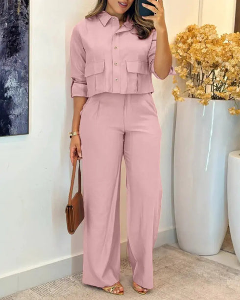 2 Pieces Outfit Turn-down Collar Turn-Up Sleeves Button Front Flap Pockets Design Top and Causal Zipper Fly Elastic Back Waist Wide Leg Pants Set pink