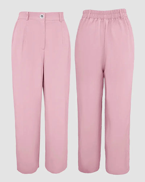 2 Pieces Outfit Turn-down Collar Turn-Up Sleeves Button Front Flap Pockets Design Top and Causal Zipper Fly Elastic Back Waist Wide Leg Pants Set pink