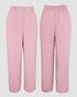 2 Pieces Outfit Turn-down Collar Turn-Up Sleeves Button Front Flap Pockets Design Top and Causal Zipper Fly Elastic Back Waist Wide Leg Pants Set pink