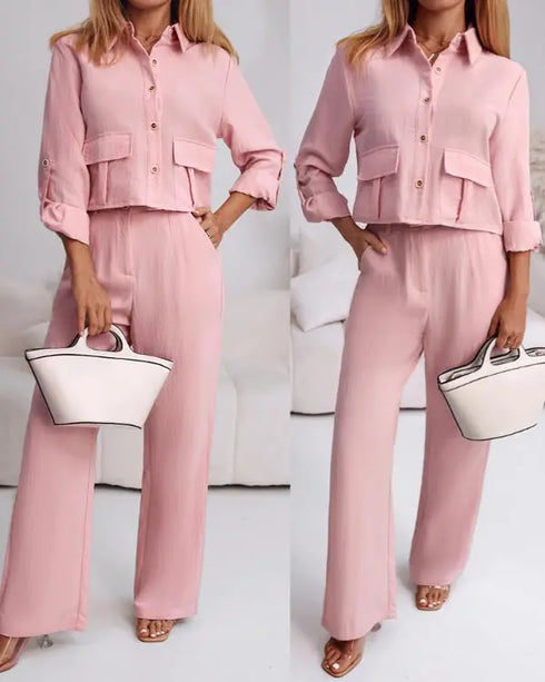 2 Pieces Outfit Turn-down Collar Turn-Up Sleeves Button Front Flap Pockets Design Top and Causal Zipper Fly Elastic Back Waist Wide Leg Pants Set pink