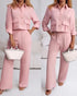 2 Pieces Outfit Turn-down Collar Turn-Up Sleeves Button Front Flap Pockets Design Top and Causal Zipper Fly Elastic Back Waist Wide Leg Pants Set pink