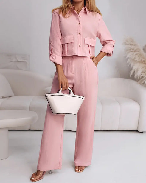 2 Pieces Outfit Turn-down Collar Turn-Up Sleeves Button Front Flap Pockets Design Top and Causal Zipper Fly Elastic Back Waist Wide Leg Pants Set pink