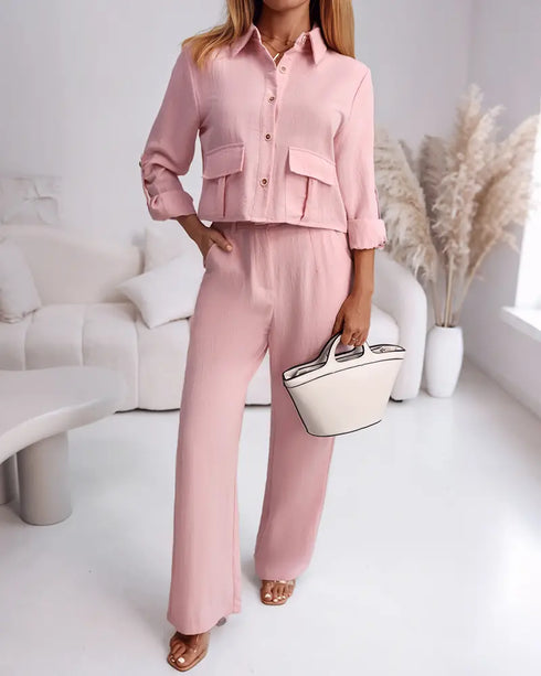 2 Pieces Outfit Turn-down Collar Turn-Up Sleeves Button Front Flap Pockets Design Top and Causal Zipper Fly Elastic Back Waist Wide Leg Pants Set pink
