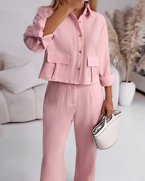 2 Pieces Outfit Turn-down Collar Turn-Up Sleeves Button Front Flap Pockets Design Top and Causal Zipper Fly Elastic Back Waist Wide Leg Pants Set pink