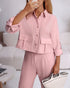2 Pieces Outfit Turn-down Collar Turn-Up Sleeves Button Front Flap Pockets Design Top and Causal Zipper Fly Elastic Back Waist Wide Leg Pants Set pink
