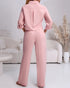 2 Pieces Outfit Turn-down Collar Turn-Up Sleeves Button Front Flap Pockets Design Top and Causal Zipper Fly Elastic Back Waist Wide Leg Pants Set pink