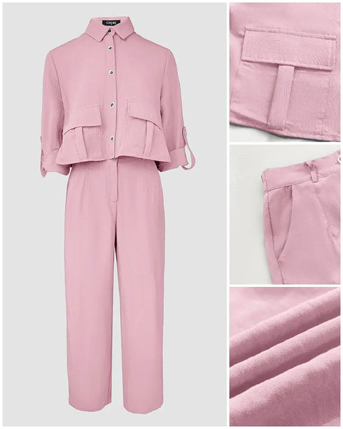 2 Pieces Outfit Turn-down Collar Turn-Up Sleeves Button Front Flap Pockets Design Top and Causal Zipper Fly Elastic Back Waist Wide Leg Pants Set pink