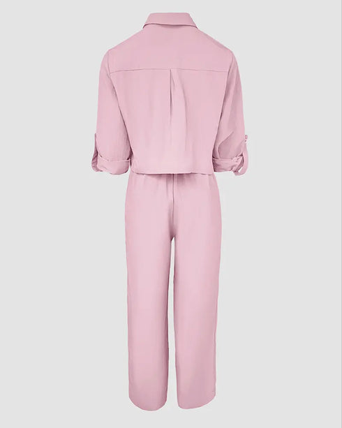 2 Pieces Outfit Turn-down Collar Turn-Up Sleeves Button Front Flap Pockets Design Top and Causal Zipper Fly Elastic Back Waist Wide Leg Pants Set pink