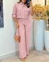2 Pieces Outfit Turn-down Collar Turn-Up Sleeves Button Front Flap Pockets Design Top and Causal Zipper Fly Elastic Back Waist Wide Leg Pants Set pink