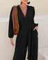 Deep V Neck 3D Design Tie Waist Ruched Overalls Casual Cinched Waist Zipper Back Textured Jumpsuit with Belt black